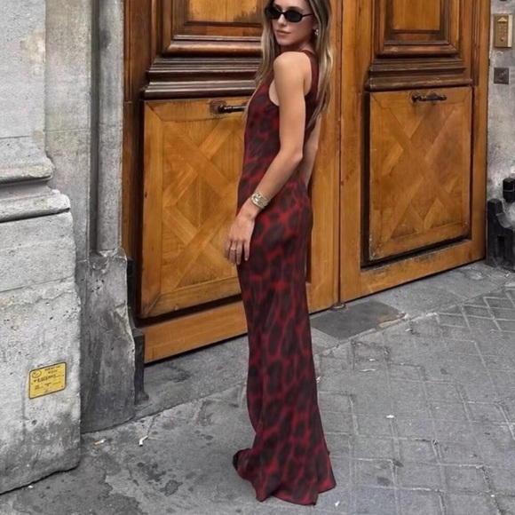 Realisation Tatjana Silk Boatneck Bias Slip Midi Maxi Dress Red Rouge Leopard - Picture 2 of 14